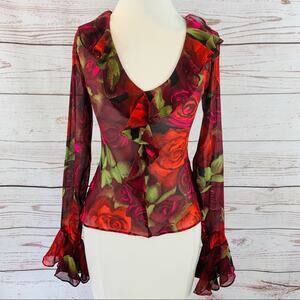 Cache sheer floral rose red black ruffle neck